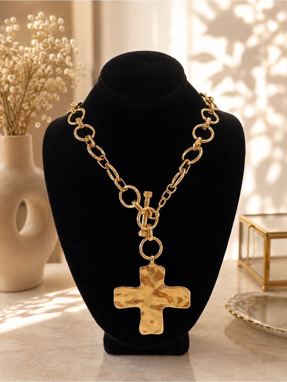 Gold Hammered Cross Pendant Necklace - Women Jewelry